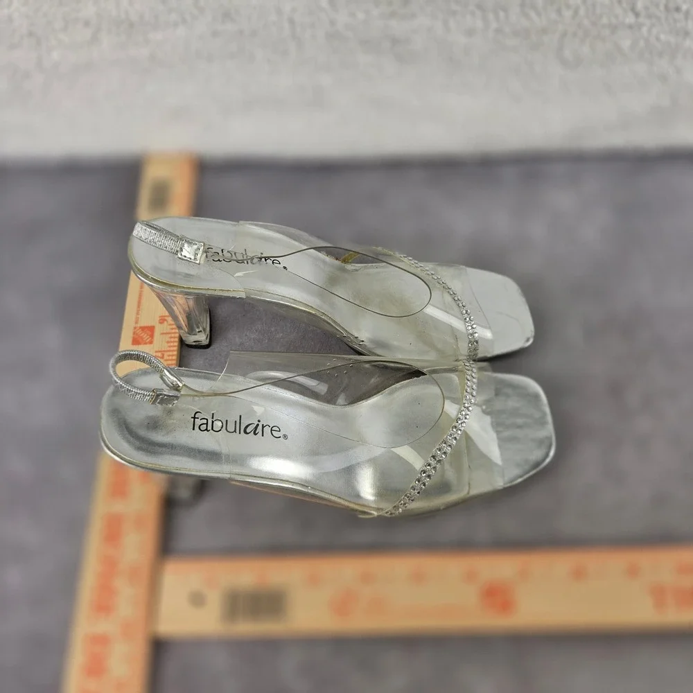 Fabulaire Silver Clear Rhinestone Slingback Block Heels Sandals S2173